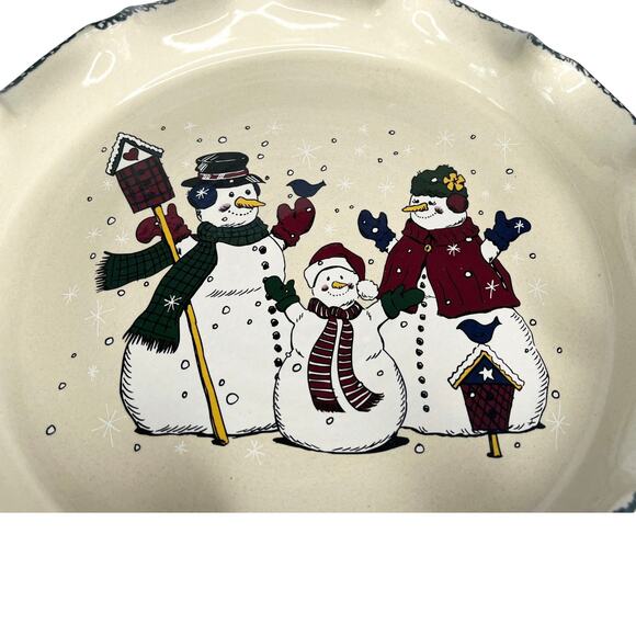 Home & Garden Party 12" SERVING PLATTER Ceramic Pottery Snowman Family Ruffled - Picture 2 of 6